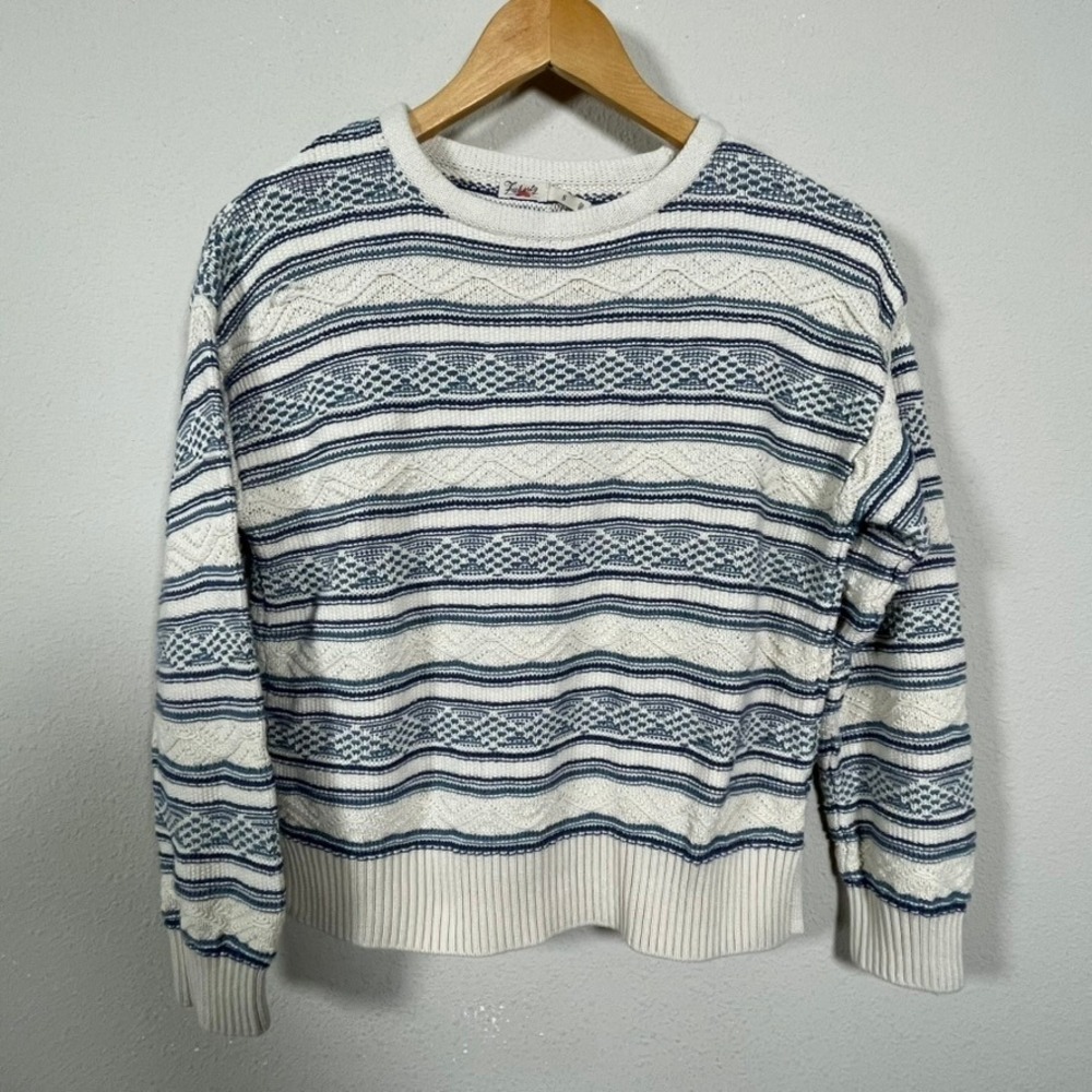 Faherty Fair Isle Crew Sweater Womens S Blue Ivory Organic Cotton Coastal Knit